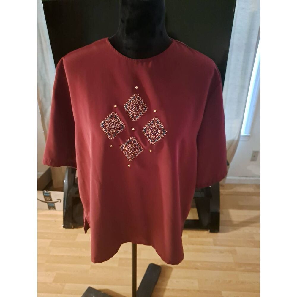 Vintage Bonworth Women's Large Burgundy Embroidered Embellished Pullover Shirt